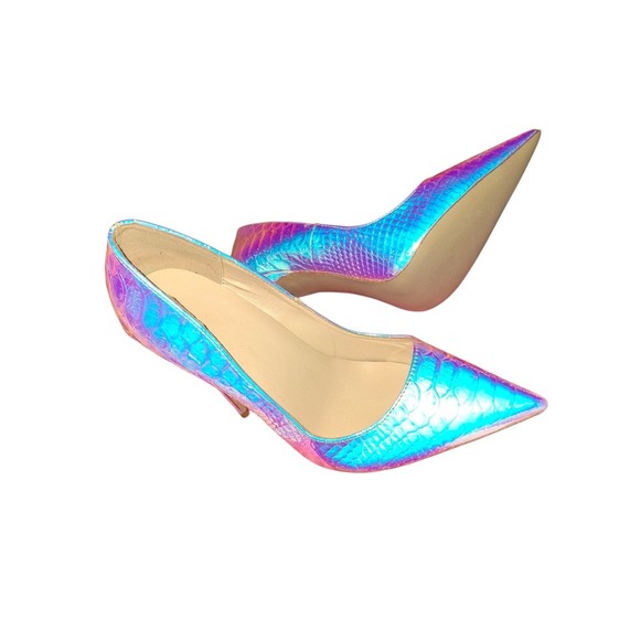Snakeskin leather high heels blue hologram iridescent light color pumps Size 7.5 - Picture 5 of 8